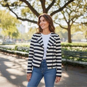 Striped Knit Moto Jacket - Navy & Cream